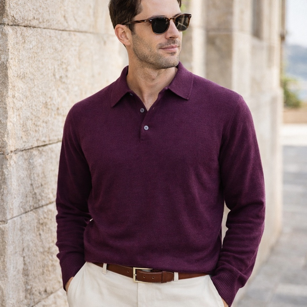 Merino Wool Blend Polo Sweater Plum Purple Men’s XXL Italian Preppy Style